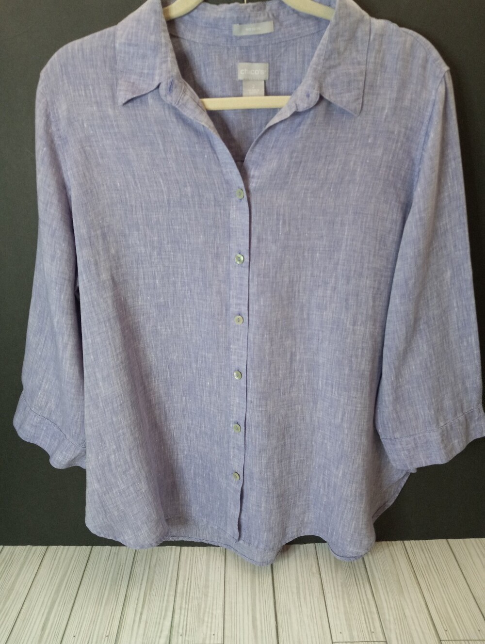 Chico's No Iron Indigo Classic Fit Button Front 100% Linen 3/4 Sleeve Shirt